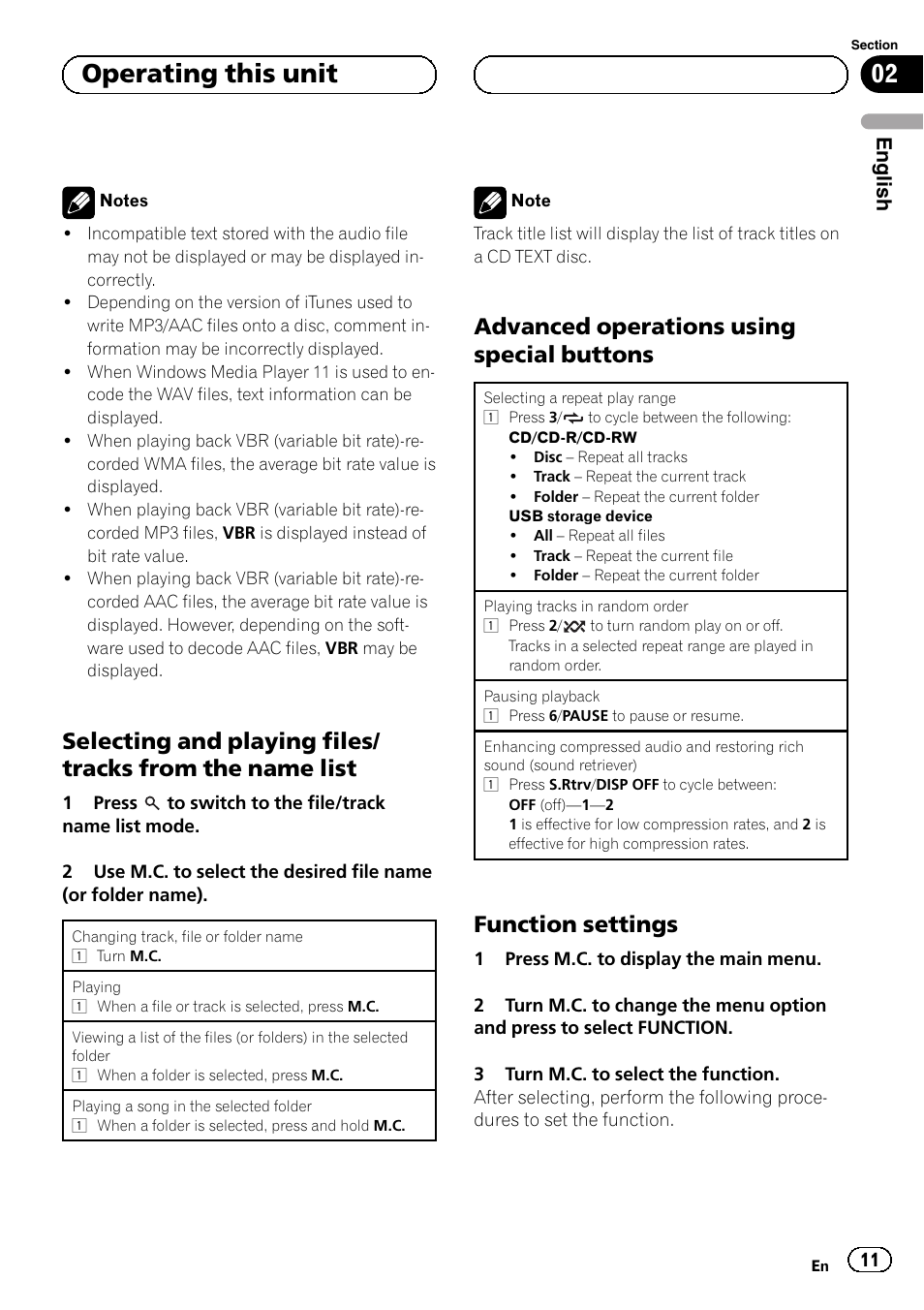 Selecting and playing files/tracks from, The name list, Advanced operations using special | Buttons, Function settings 11, 02 operating this unit, Advanced operations using special buttons, Function settings | Pioneer DEH-6250BT User Manual | Page 11 / 88