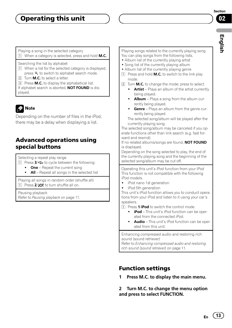 Advanced operations using special, Buttons, Function settings 13 | 02 operating this unit, Advanced operations using special buttons, Function settings, English | Pioneer DEH-6250BT User Manual | Page 13 / 88