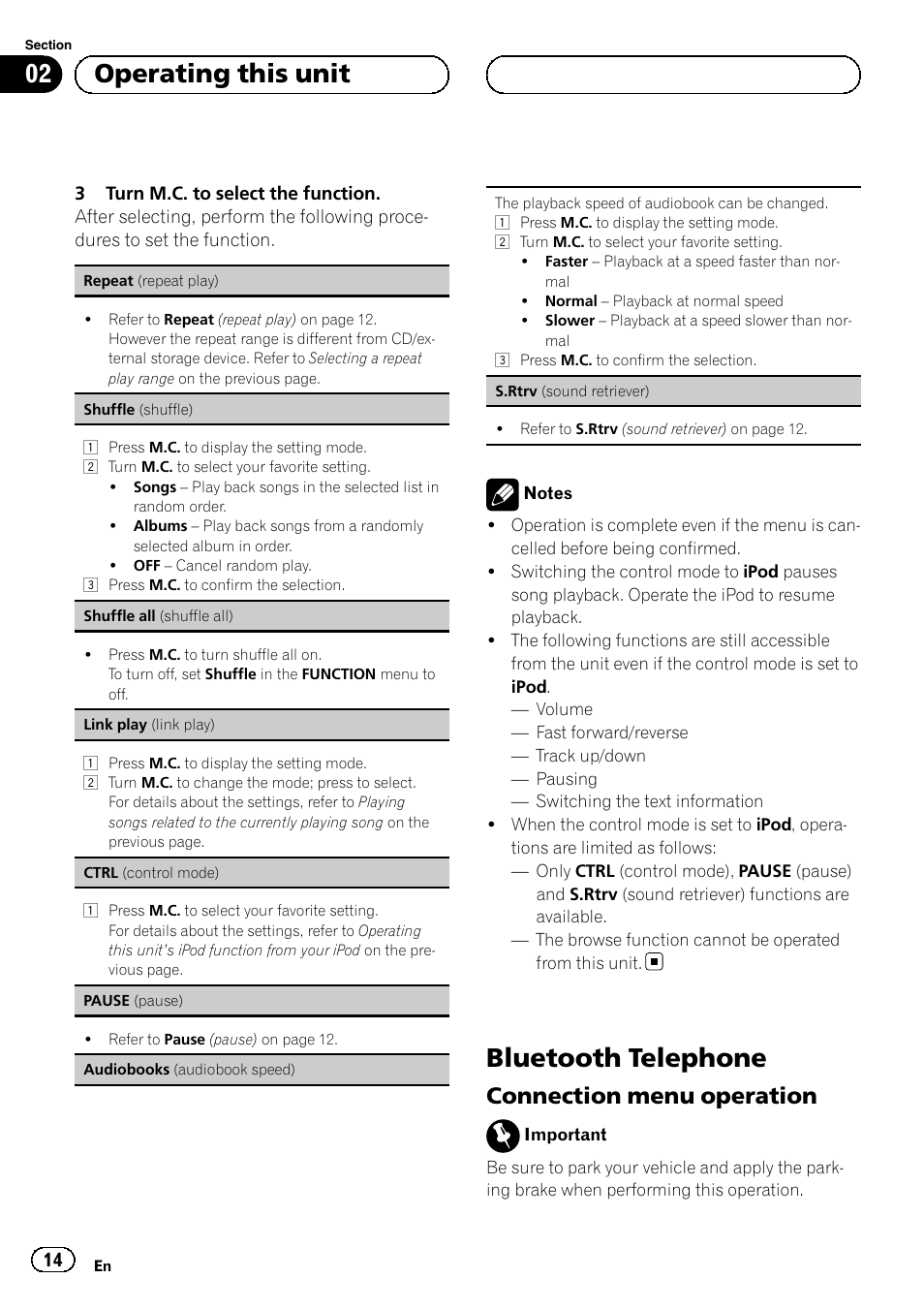 Bluetooth telephone, Connection menu operation 14, 02 operating this unit | Connection menu operation | Pioneer DEH-6250BT User Manual | Page 14 / 88