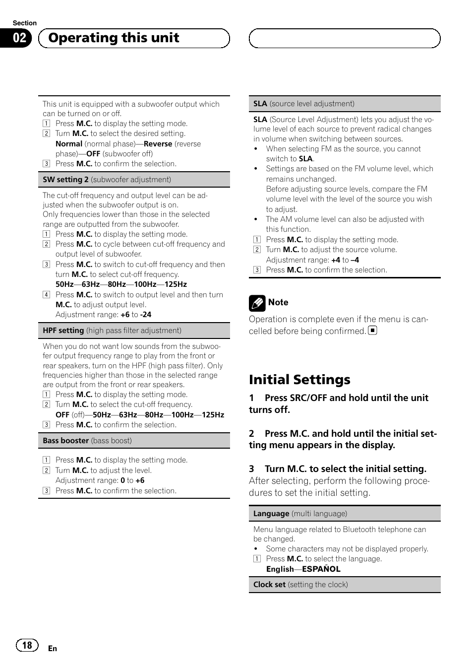 Initial settings, 02 operating this unit | Pioneer DEH-6250BT User Manual | Page 18 / 88