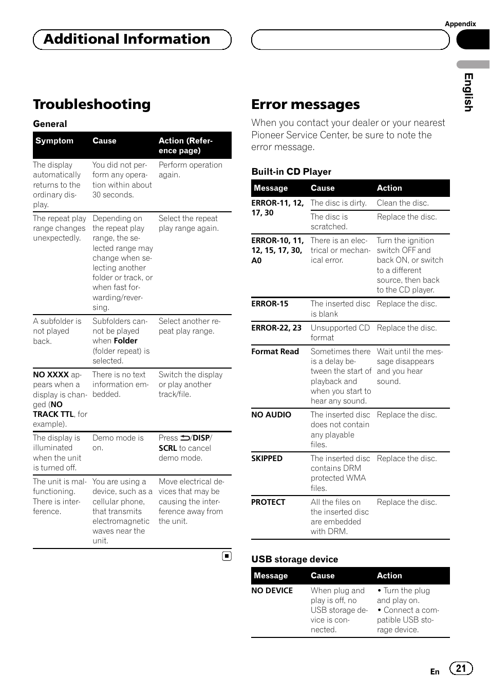 Additional information troubleshooting, Error messages, Troubleshooting | Additional information, English | Pioneer DEH-6250BT User Manual | Page 21 / 88