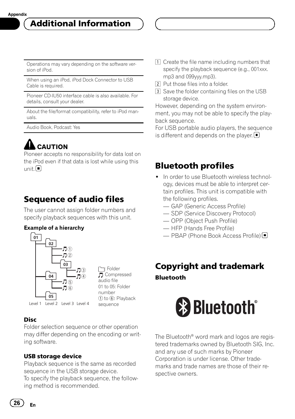 Sequence of audio files, Bluetooth profiles, Copyright and trademark | Additional information | Pioneer DEH-6250BT User Manual | Page 26 / 88