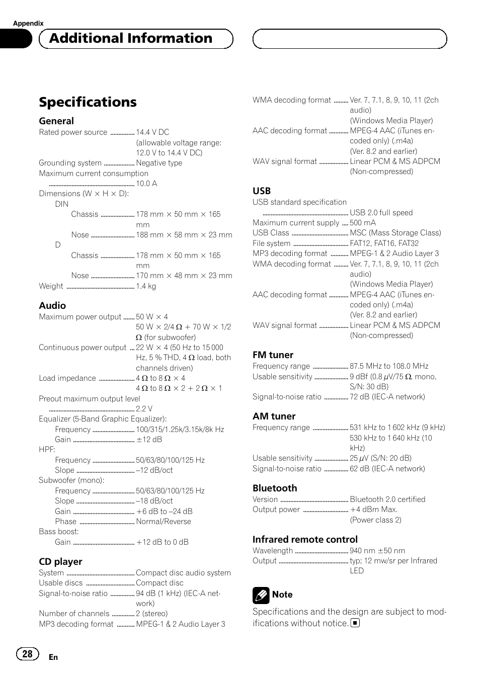 Specifications, Additional information | Pioneer DEH-6250BT User Manual | Page 28 / 88