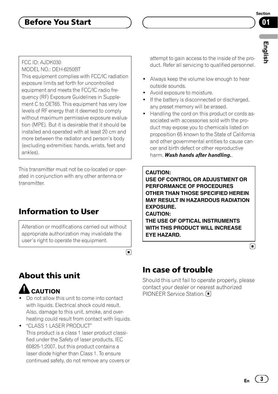 Before you start, Information to user, About this unit | In case of trouble, 01 before you start | Pioneer DEH-6250BT User Manual | Page 3 / 88