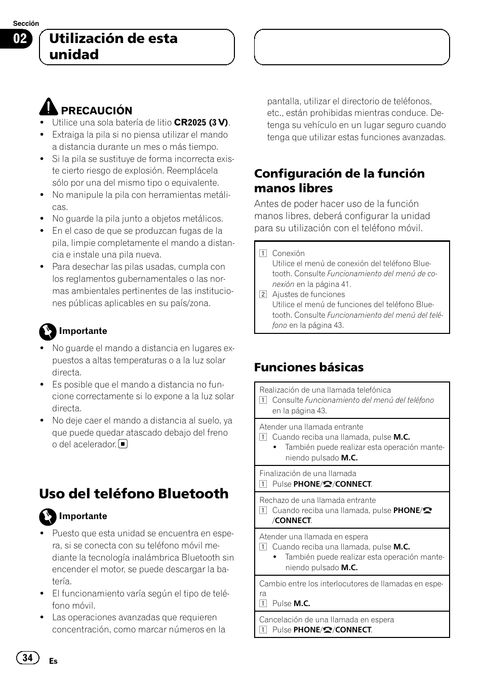 Uso del teléfono bluetooth, Configuración de la función manos, Libres | Funciones básicas 34, 02 utilización de esta unidad, Configuración de la función manos libres, Funciones básicas | Pioneer DEH-6250BT User Manual | Page 34 / 88