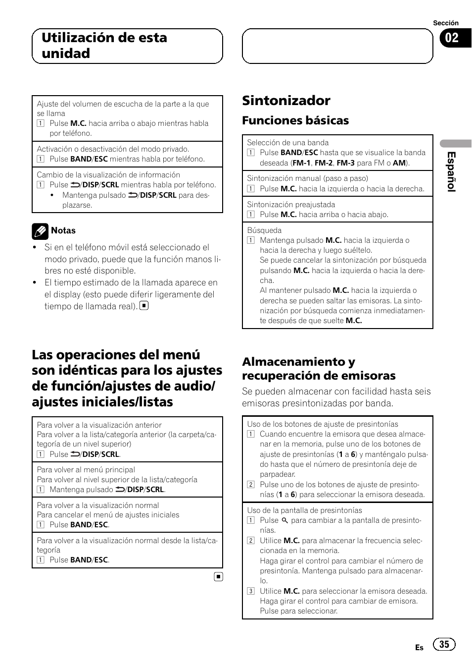Las operaciones del menú son idénticas para, Sintonizador, Funciones básicas 35 | Almacenamiento y recuperación de, Emisoras, 02 utilización de esta unidad, Funciones básicas, Almacenamiento y recuperación de emisoras, Español | Pioneer DEH-6250BT User Manual | Page 35 / 88