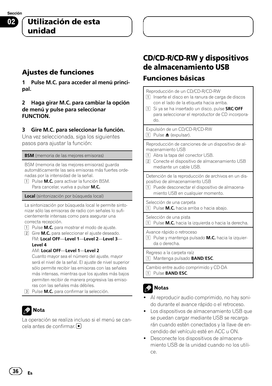 Ajustes de funciones 36, Cd/cd-r/cd-rw y dispositivos de, Almacenamiento usb | Funciones básicas 36, Cd/cd-r/cd-rw y dispositivos de almacenamiento usb, 02 utilización de esta unidad, Ajustes de funciones, Funciones básicas | Pioneer DEH-6250BT User Manual | Page 36 / 88