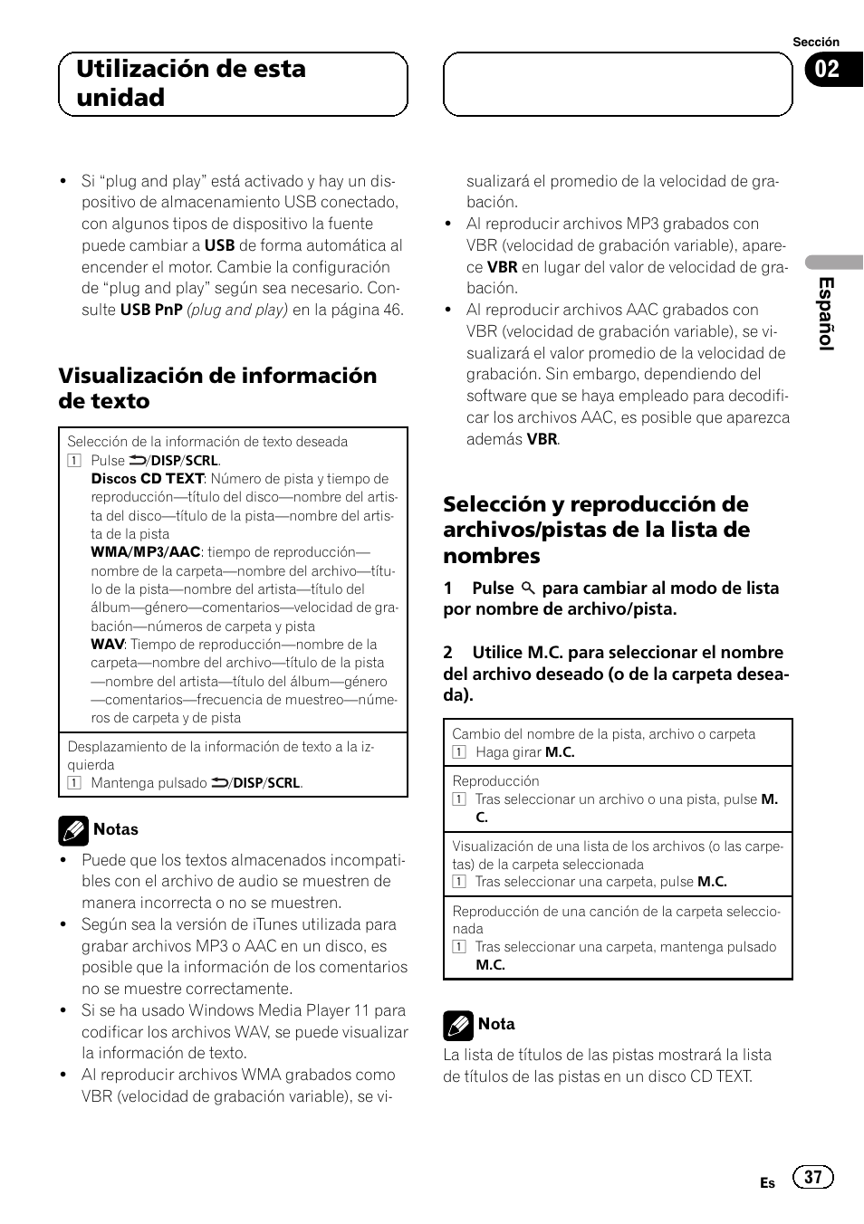 Visualización de información de, Texto, Selección y reproducción de archivos | Pistas de la lista de nombres, 02 utilización de esta unidad, Visualización de información de texto, Español | Pioneer DEH-6250BT User Manual | Page 37 / 88