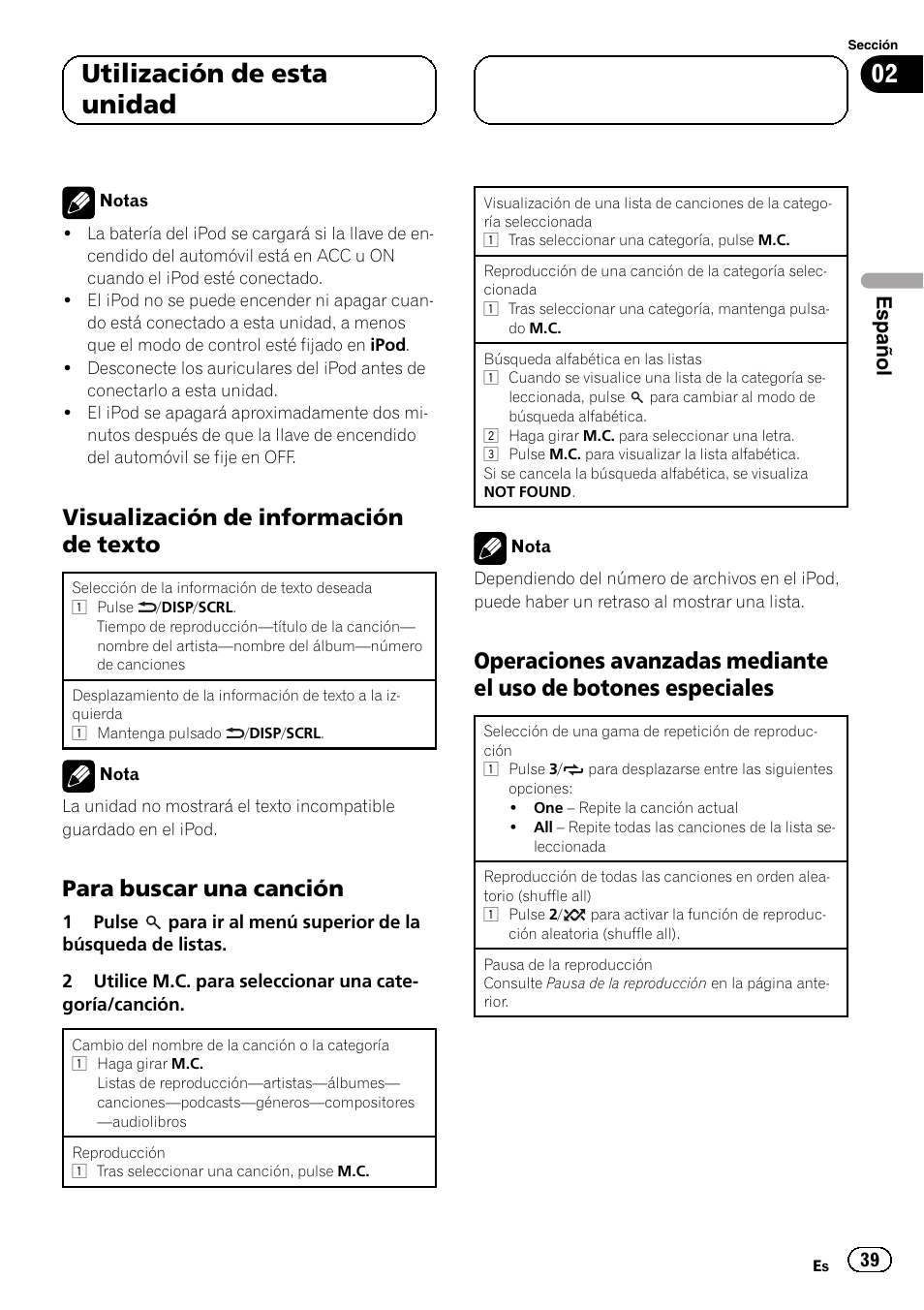 Visualización de información de, Texto, Para buscar una canción 39 | Operaciones avanzadas mediante el, Uso de botones especiales, 02 utilización de esta unidad, Visualización de información de texto, Para buscar una canción, Español | Pioneer DEH-6250BT User Manual | Page 39 / 88