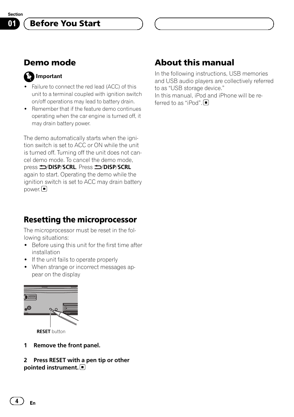 Demo mode, Resetting the microprocessor, About this manual | 01 before you start | Pioneer DEH-6250BT User Manual | Page 4 / 88
