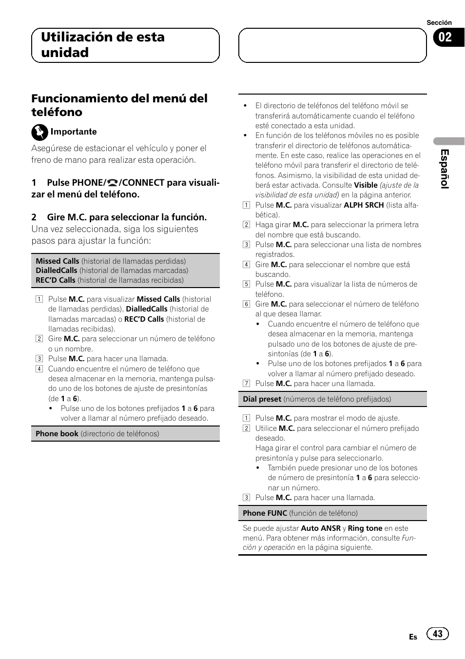 Funcionamiento del menú del, Teléfono, Funcionamiento del menú del teléfono | 02 utilización de esta unidad, Español | Pioneer DEH-6250BT User Manual | Page 43 / 88