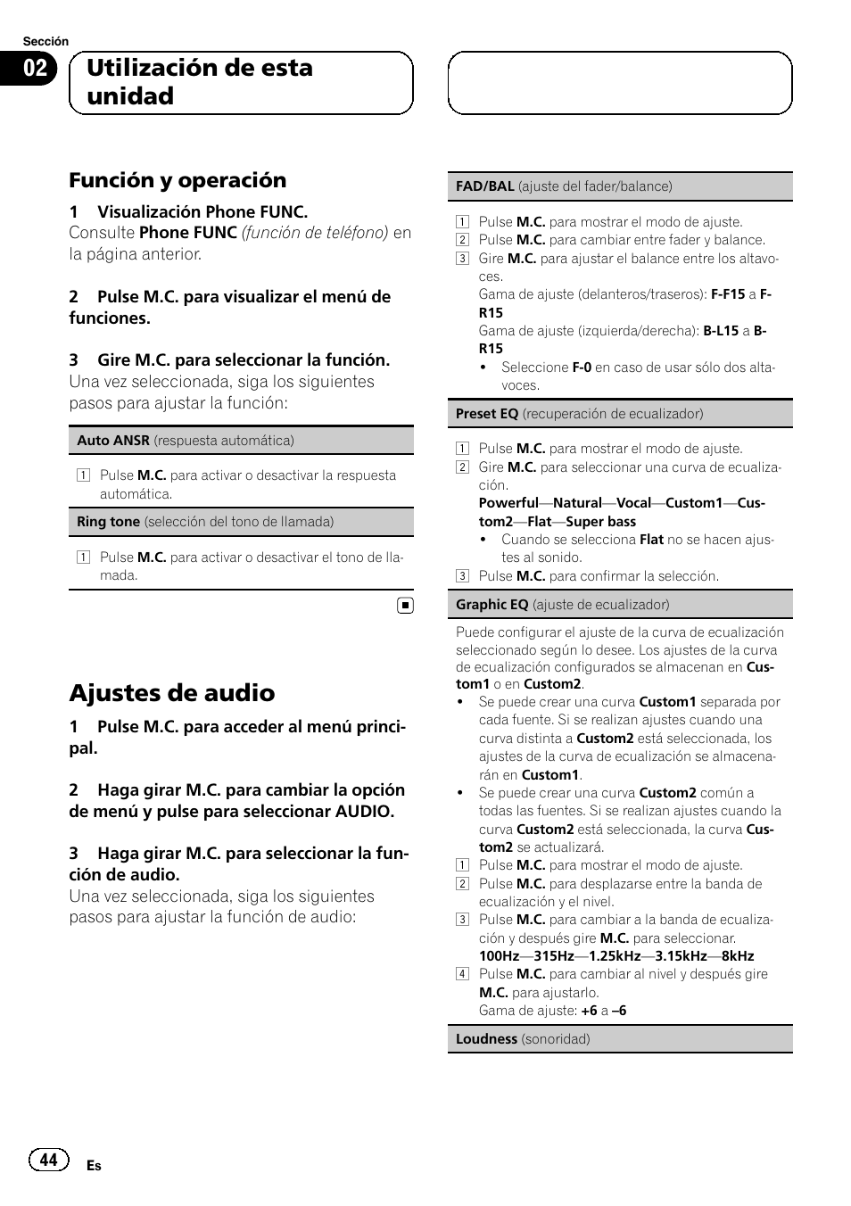 Función y operación 44, Ajustes de audio, 02 utilización de esta unidad | Función y operación | Pioneer DEH-6250BT User Manual | Page 44 / 88