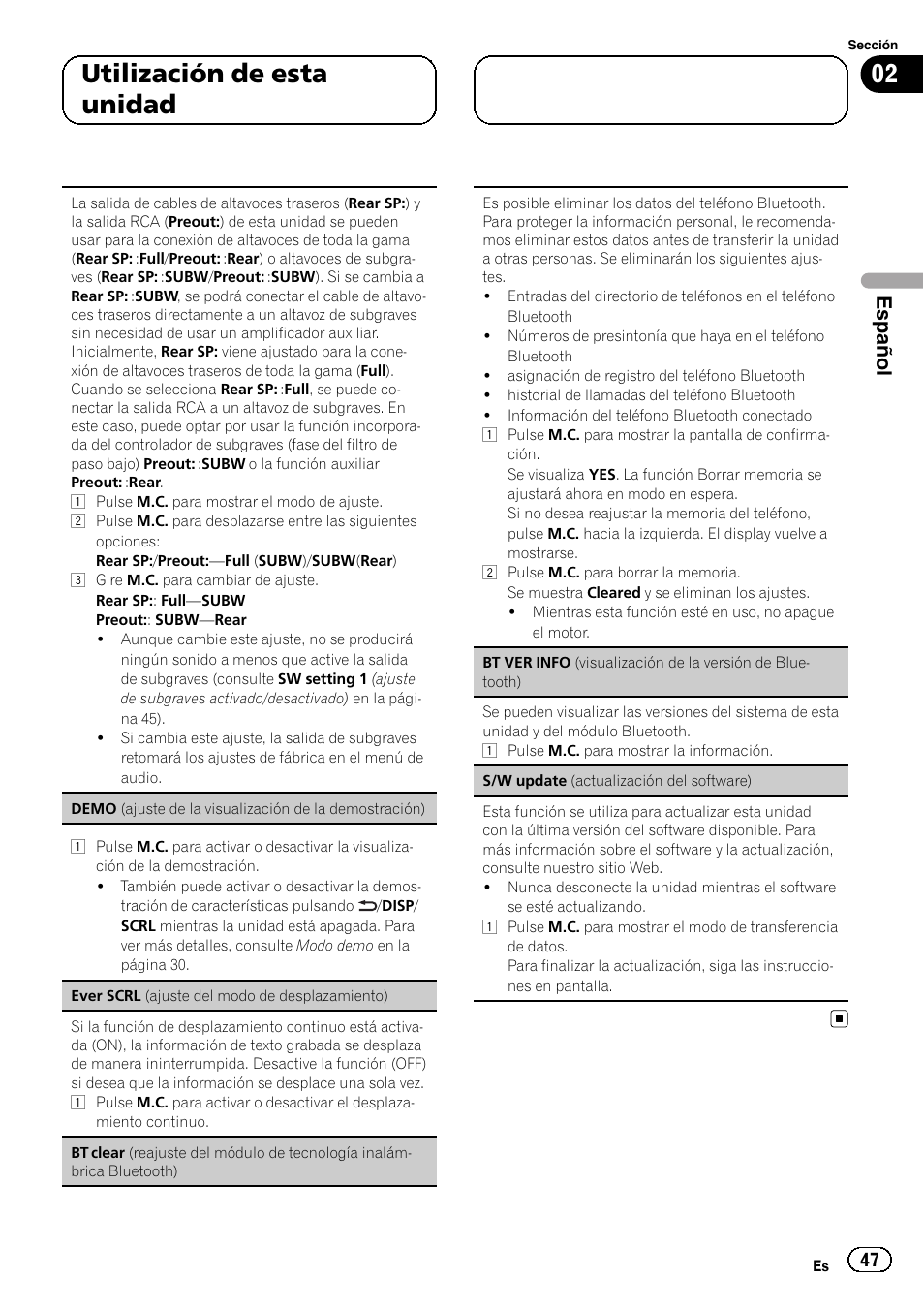 02 utilización de esta unidad, Español | Pioneer DEH-6250BT User Manual | Page 47 / 88