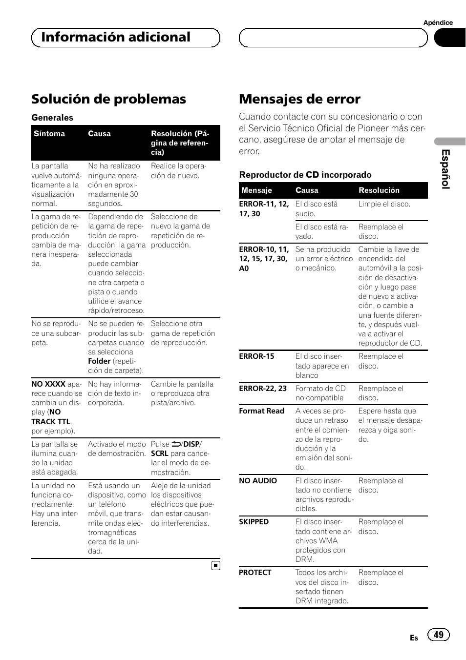 Información adicional solución de problemas, Mensajes de error, Solución de problemas | Información adicional, Español | Pioneer DEH-6250BT User Manual | Page 49 / 88