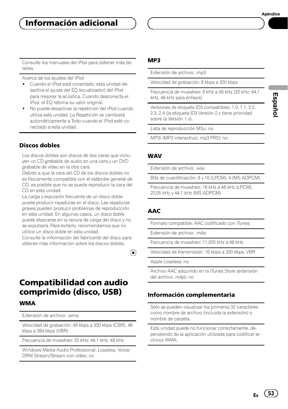 Compatibilidad con audio comprimido, Disco, usb), Compatibilidad con audio comprimido (disco, usb) | Información adicional, Español | Pioneer DEH-6250BT User Manual | Page 53 / 88
