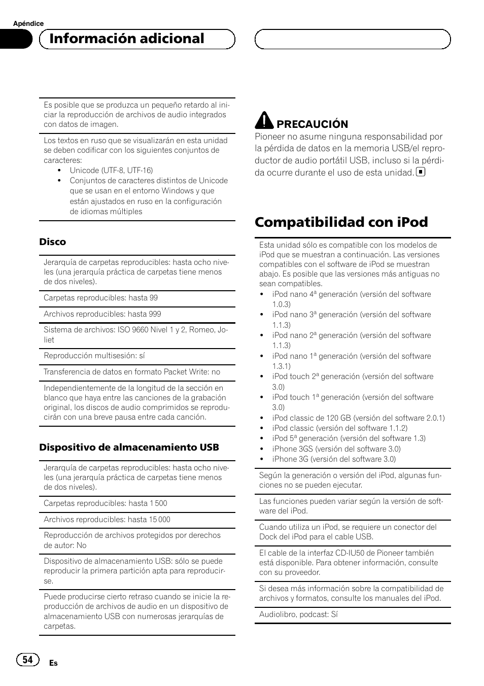 Compatibilidad con ipod, Información adicional, Precaución | Pioneer DEH-6250BT User Manual | Page 54 / 88