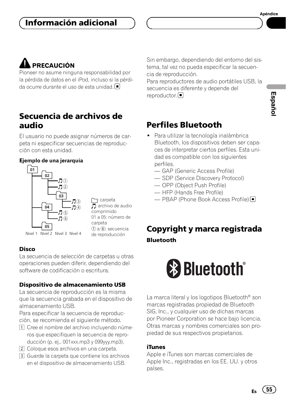 Secuencia de archivos de audio, Perfiles bluetooth, Copyright y marca registrada | Información adicional | Pioneer DEH-6250BT User Manual | Page 55 / 88