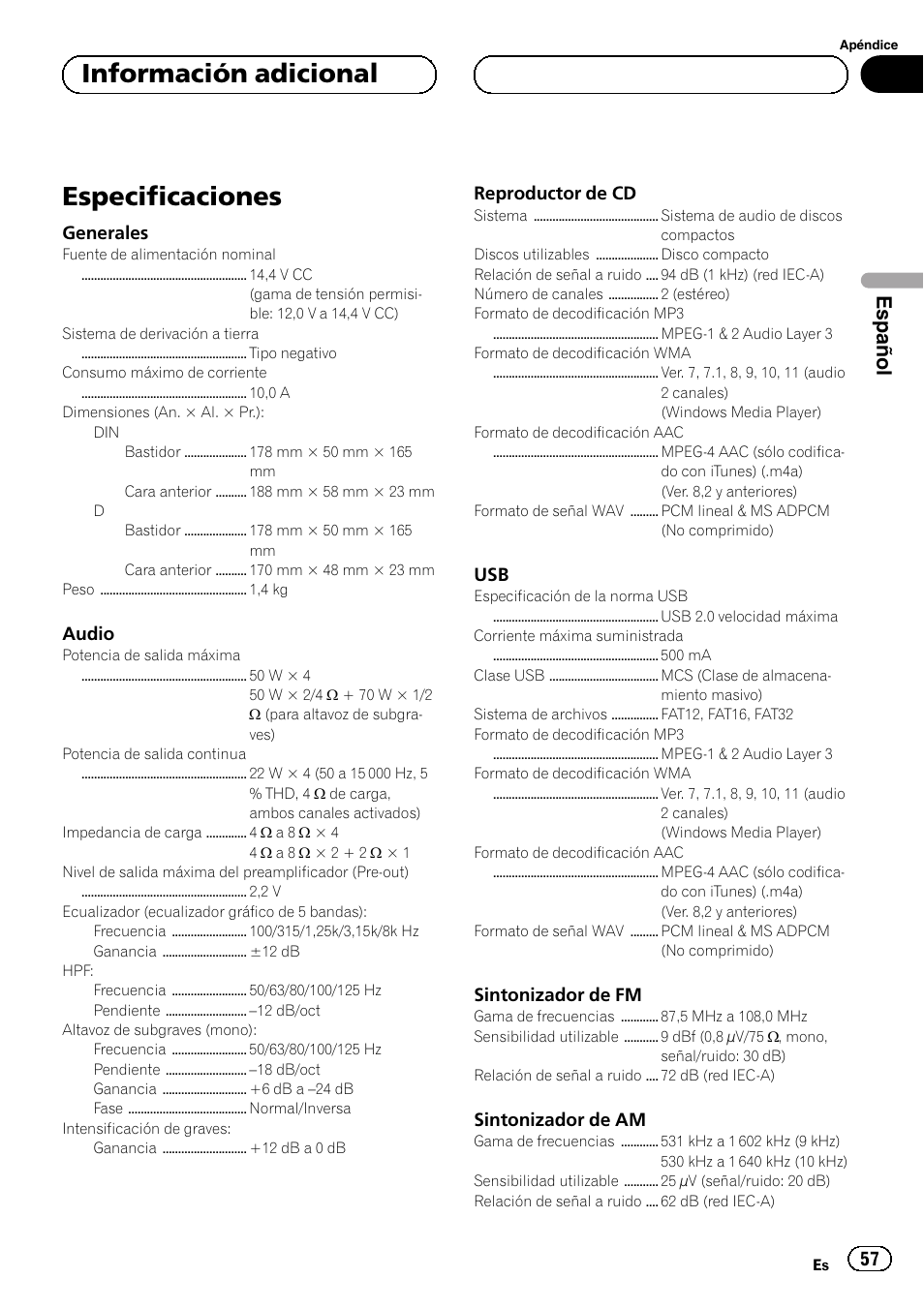 Especificaciones, Información adicional, Español | Pioneer DEH-6250BT User Manual | Page 57 / 88
