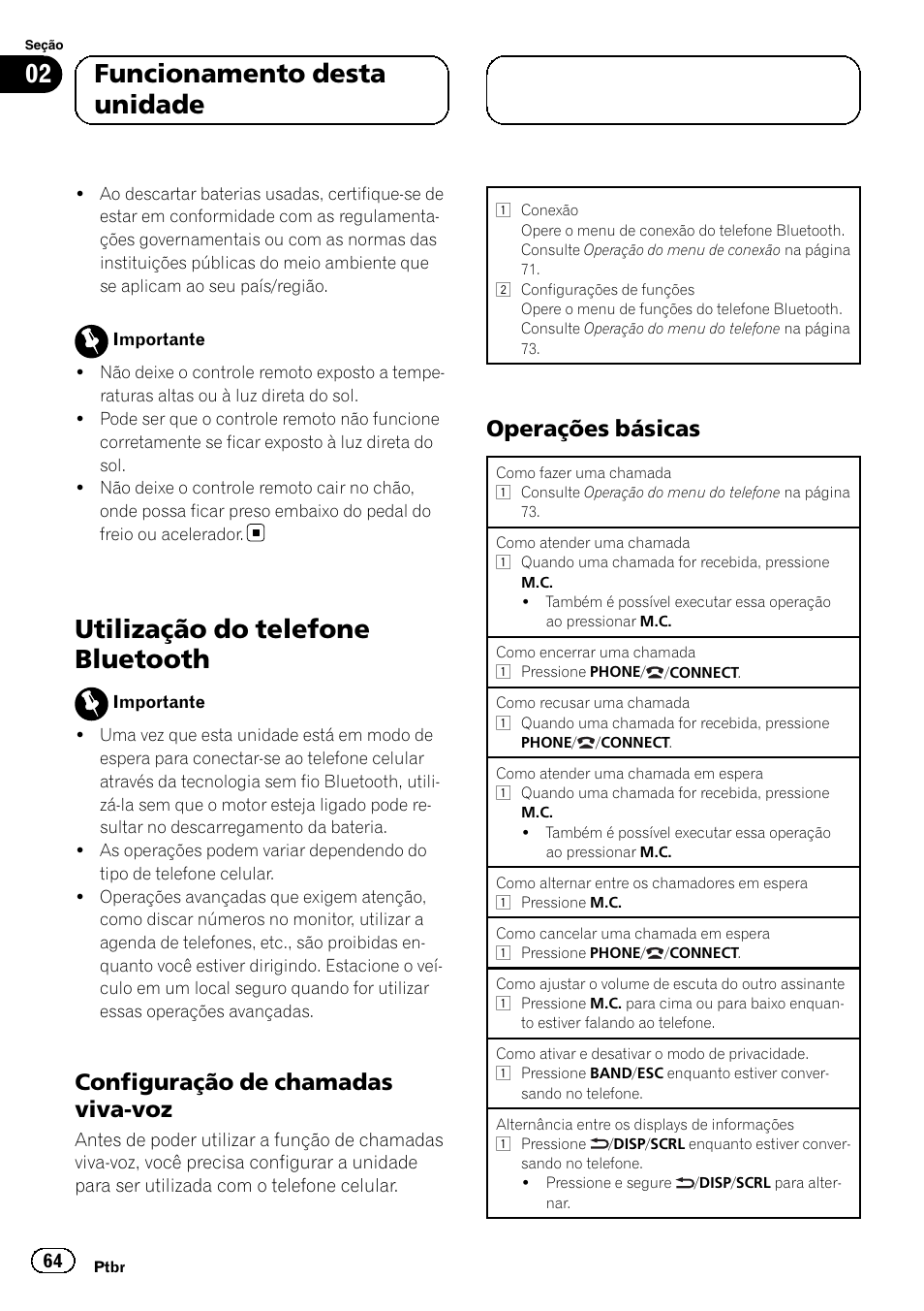 Utilização do telefone bluetooth, Configuração de chamadas viva, Operações básicas 64 | 02 funcionamento desta unidade, Configuração de chamadas viva-voz, Operações básicas | Pioneer DEH-6250BT User Manual | Page 64 / 88