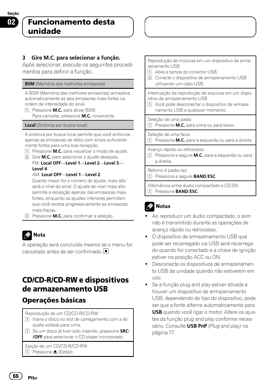 Cd/cd-r/cd-rw e dispositivos de, Armazenamento usb, Operações básicas 66 | Cd/cd-r/cd-rw e dispositivos de armazenamento usb, 02 funcionamento desta unidade, Operações básicas | Pioneer DEH-6250BT User Manual | Page 66 / 88