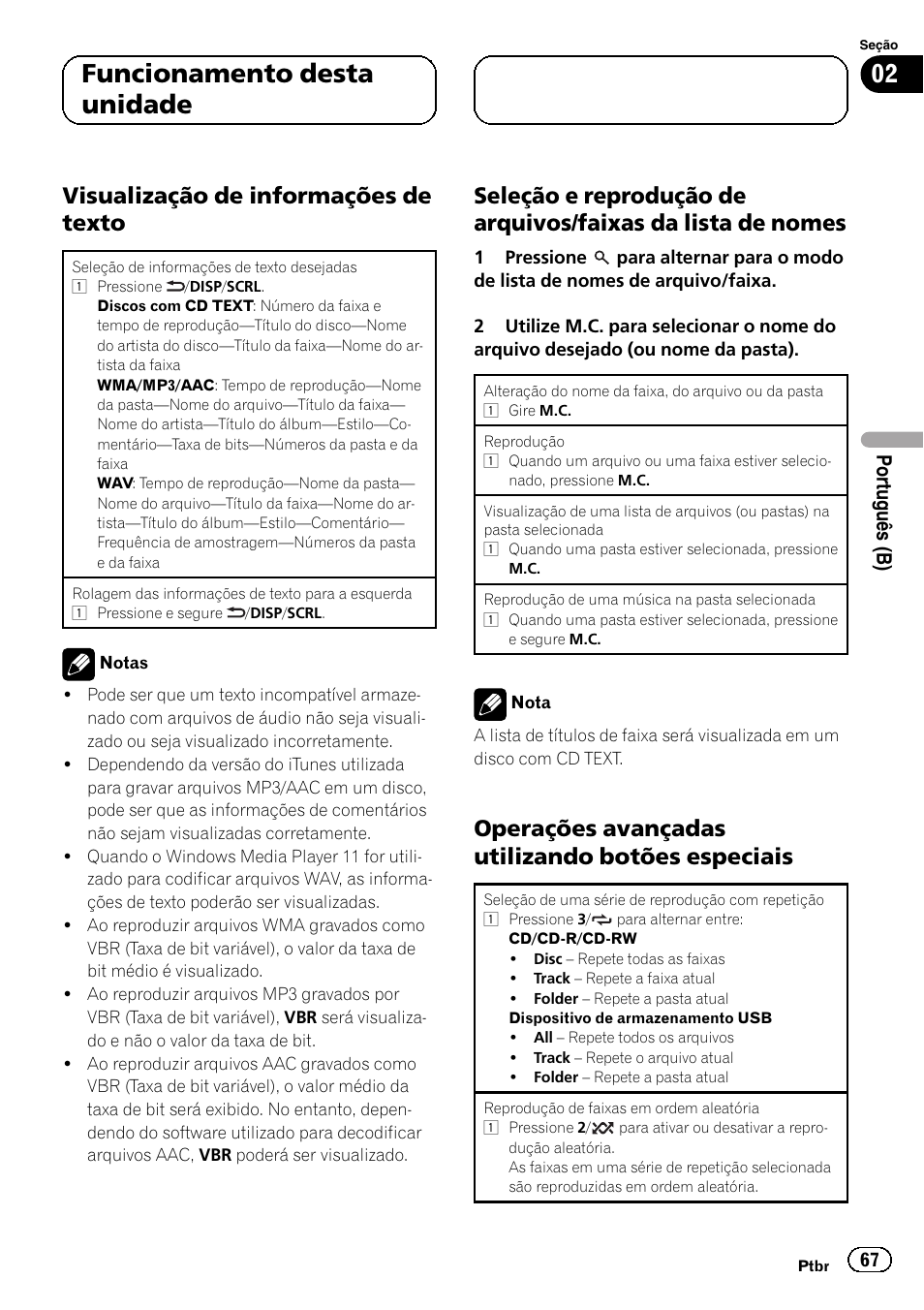 Visualização de informações de, Texto, Seleção e reprodução de arquivos | Faixas da lista de nomes, Operações avançadas utilizando botões, Especiais, 02 funcionamento desta unidade, Visualização de informações de texto, Operações avançadas utilizando botões especiais, Portu guês (b) | Pioneer DEH-6250BT User Manual | Page 67 / 88