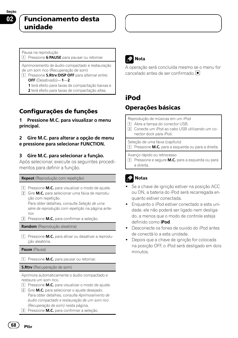 Configurações de funções 68, Ipod, Operações básicas 68 | 02 funcionamento desta unidade, Configurações de funções, Operações básicas | Pioneer DEH-6250BT User Manual | Page 68 / 88