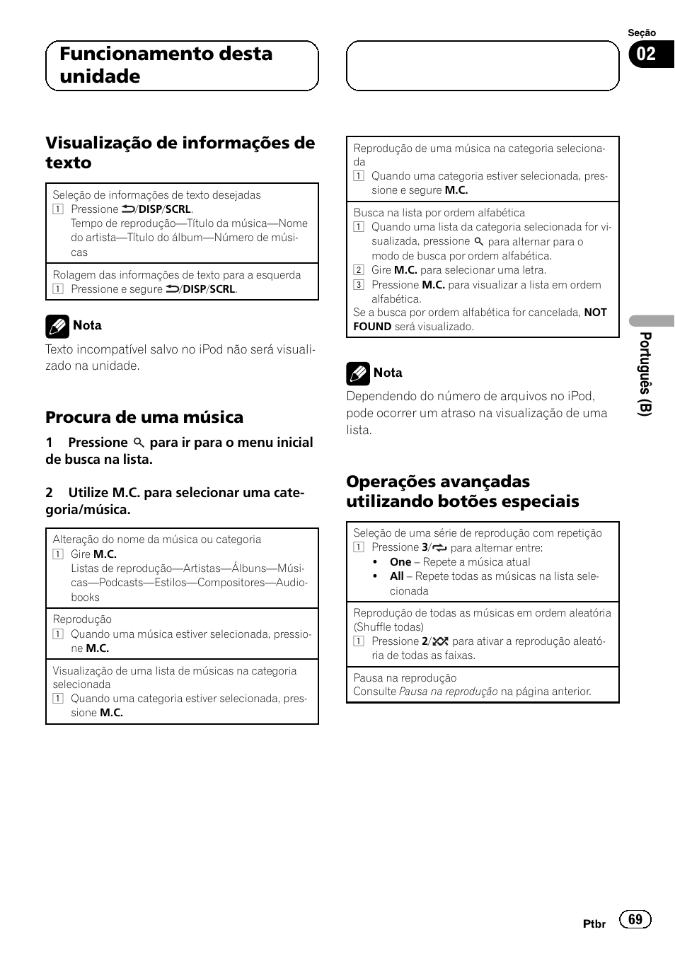 Visualização de informações de, Texto, Procura de uma música 69 | Operações avançadas utilizando botões, Especiais, 02 funcionamento desta unidade, Visualização de informações de texto, Procura de uma música, Operações avançadas utilizando botões especiais, Portu guês (b) | Pioneer DEH-6250BT User Manual | Page 69 / 88