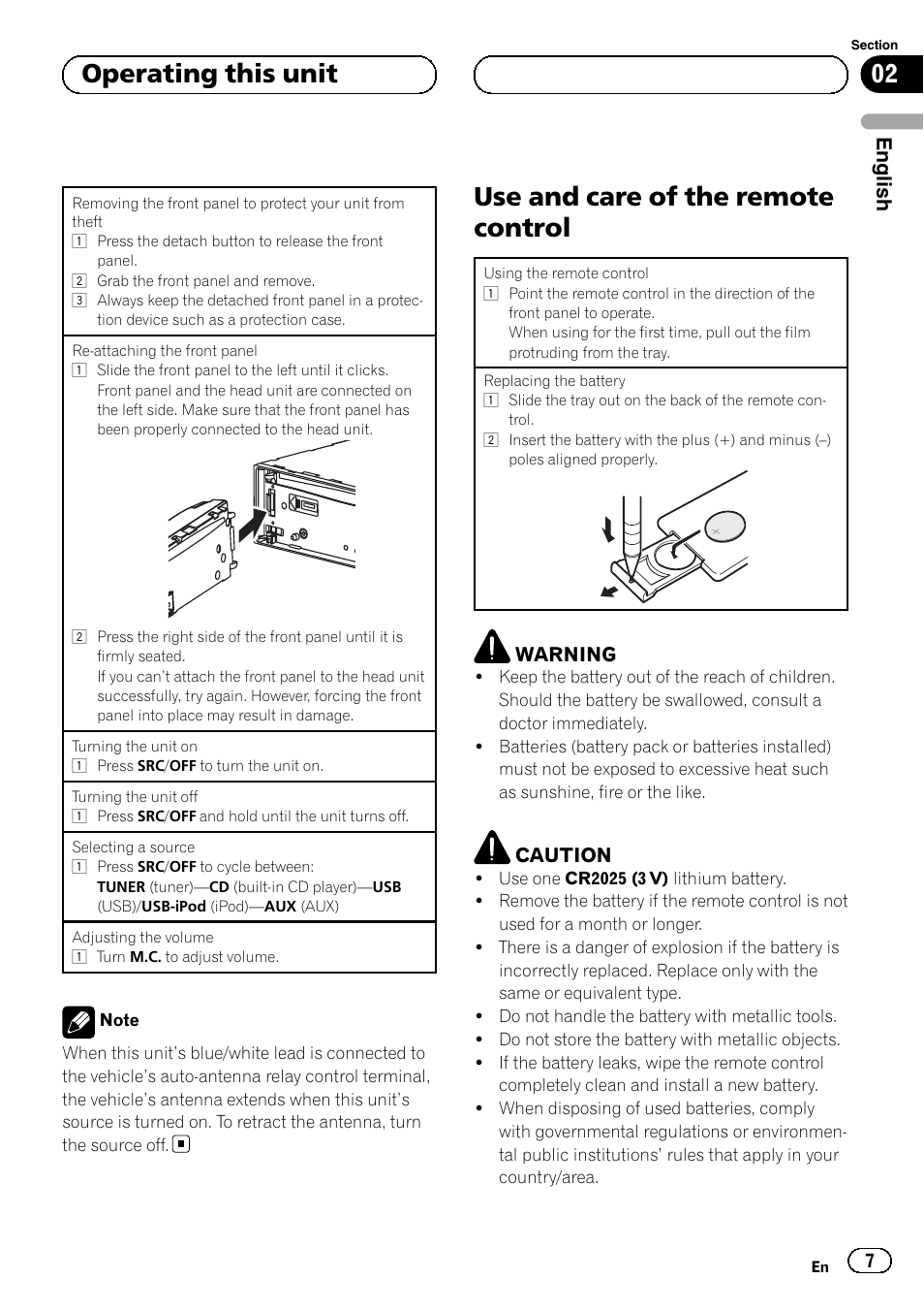 Use and care of the remote control, 02 operating this unit, English | Pioneer DEH-6250BT User Manual | Page 7 / 88