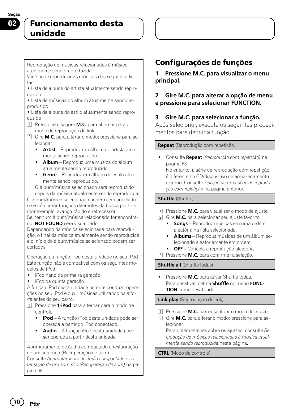 Configurações de funções 70, 02 funcionamento desta unidade, Configurações de funções | Pioneer DEH-6250BT User Manual | Page 70 / 88