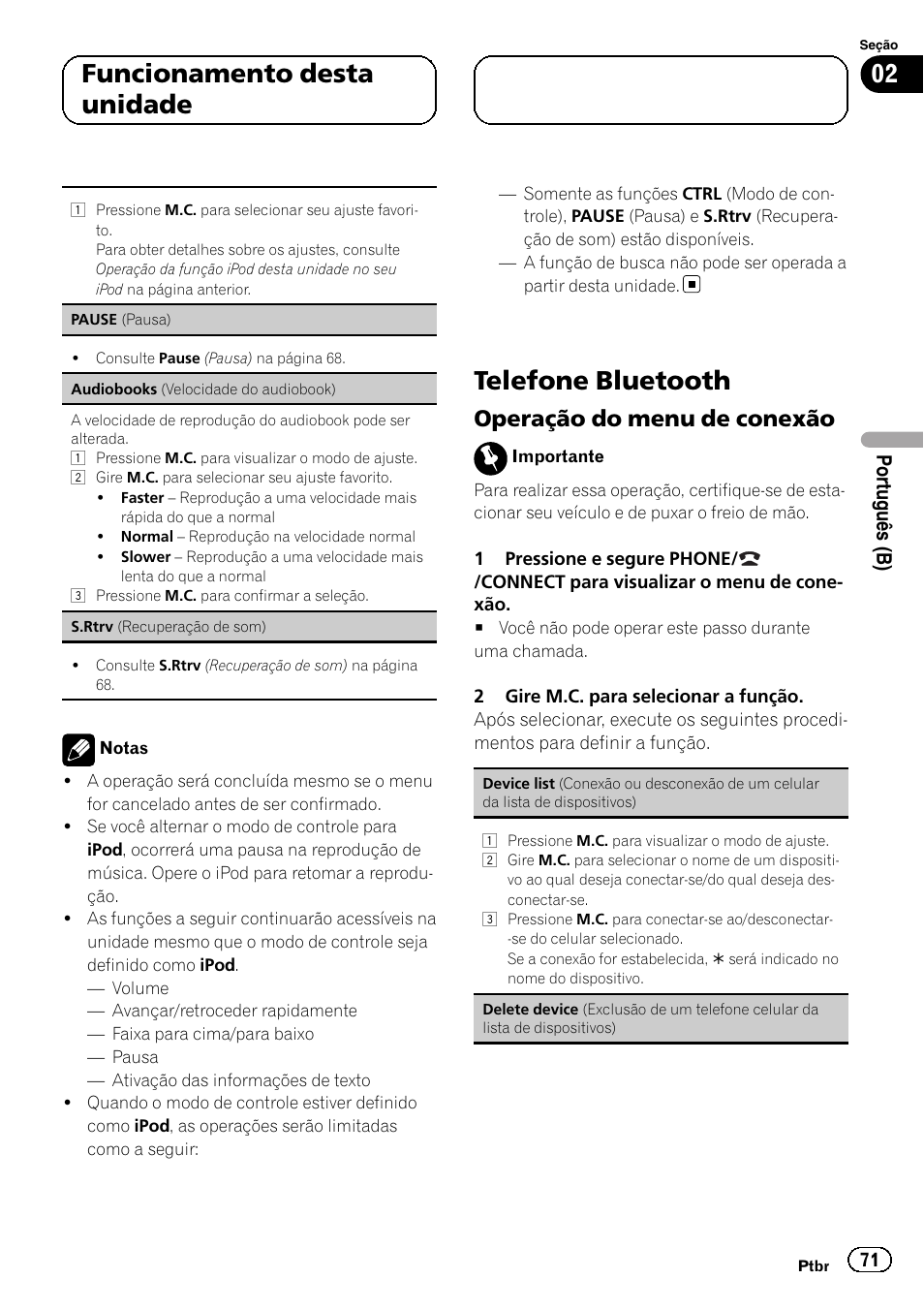 Telefone bluetooth, Operação do menu de conexão 71, 02 funcionamento desta unidade | Operação do menu de conexão, Portu guês (b) | Pioneer DEH-6250BT User Manual | Page 71 / 88