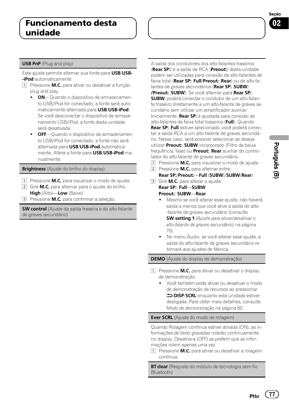 02 funcionamento desta unidade, Portu guês (b) | Pioneer DEH-6250BT User Manual | Page 77 / 88