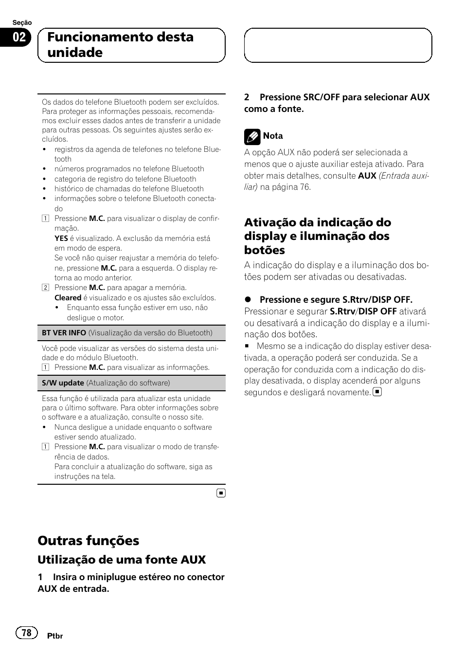 Outras funções, Utilização de uma fonte aux 78, Ativação da indicação do display e | Iluminação dos botões, 02 funcionamento desta unidade, Utilização de uma fonte aux | Pioneer DEH-6250BT User Manual | Page 78 / 88