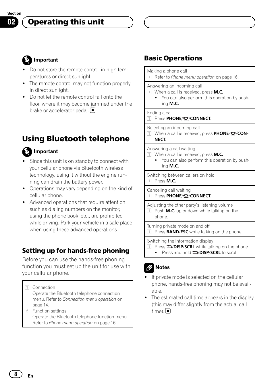Using bluetooth telephone, Setting up for hands-free phoning 8, Basic operations 8 | 02 operating this unit, Setting up for hands-free phoning, Basic operations | Pioneer DEH-6250BT User Manual | Page 8 / 88