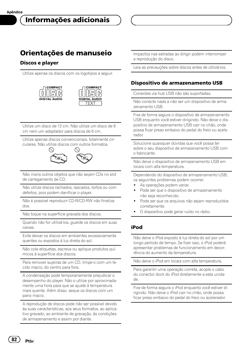 Orientações de manuseio, Informações adicionais | Pioneer DEH-6250BT User Manual | Page 82 / 88