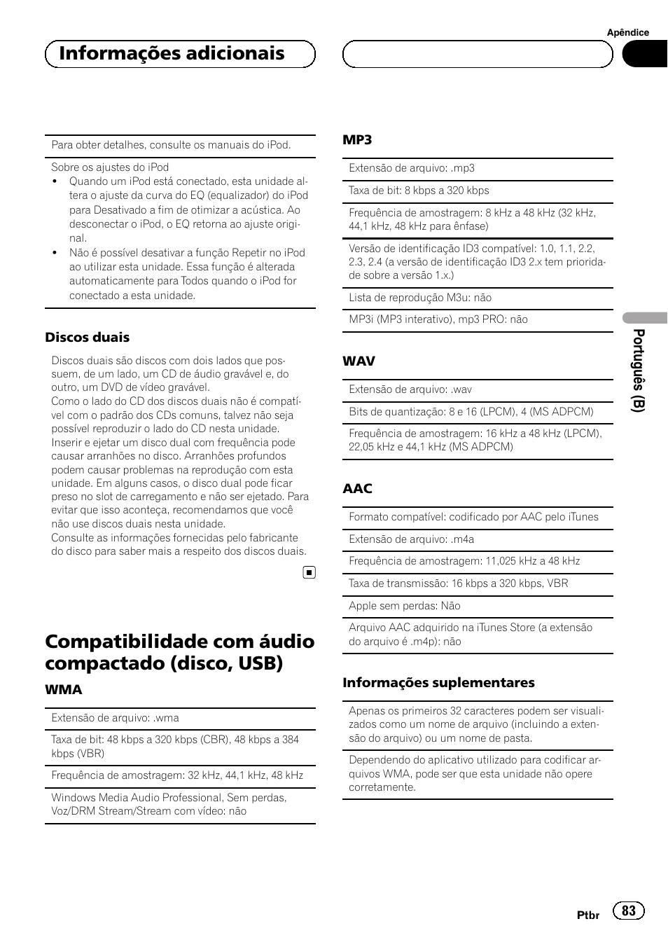 Compatibilidade com áudio compactado, Disco, usb), Compatibilidade com áudio compactado (disco, usb) | Informações adicionais, Portu guês (b) | Pioneer DEH-6250BT User Manual | Page 83 / 88