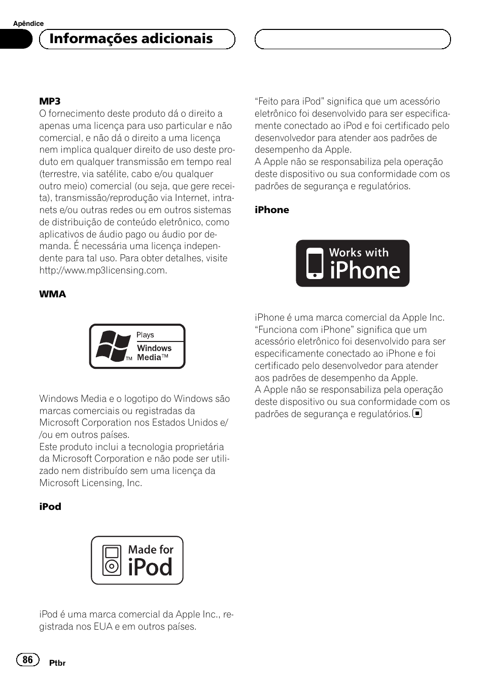 Informações adicionais | Pioneer DEH-6250BT User Manual | Page 86 / 88