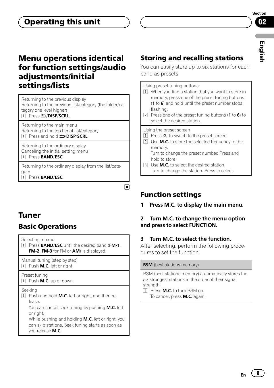 Menu operations identical for function, Settings/audio adjustments/initial settings/ lists, Tuner | Basic operations 9, Storing and recalling stations 9, Function settings 9, 02 operating this unit, Basic operations, Storing and recalling stations, Function settings | Pioneer DEH-6250BT User Manual | Page 9 / 88