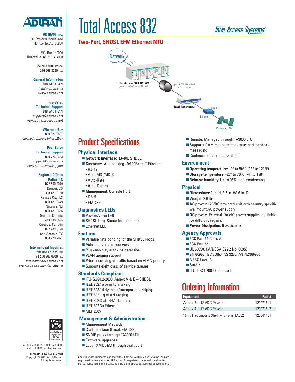 Total access 832, Product specifications, Ordering information | Network, Two-port, shdsl efm ethernet ntu | ADTRAN Total Access 832 User Manual | Page 2 / 2