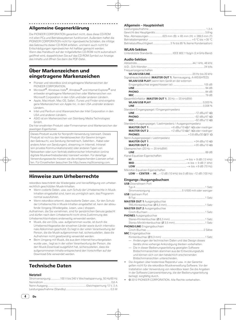 Über markenzeichen und eingetragene markenzeichen, Hinweise zum urheberrechte, Technische daten | Allgemeine gegenerklärung | Pioneer XDJ-AERO User Manual | Page 12 / 36