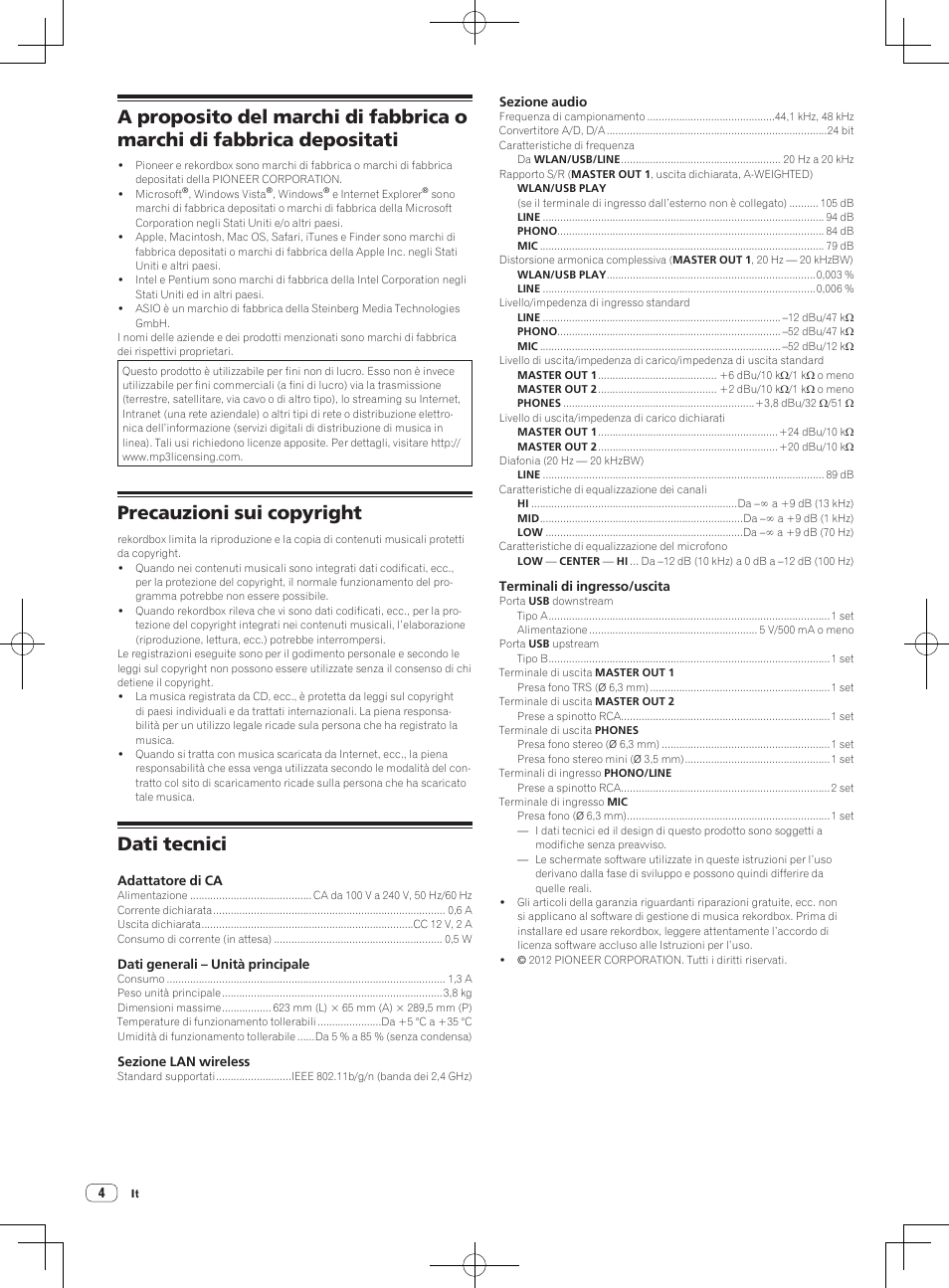 Precauzioni sui copyright, Dati tecnici | Pioneer XDJ-AERO User Manual | Page 16 / 36