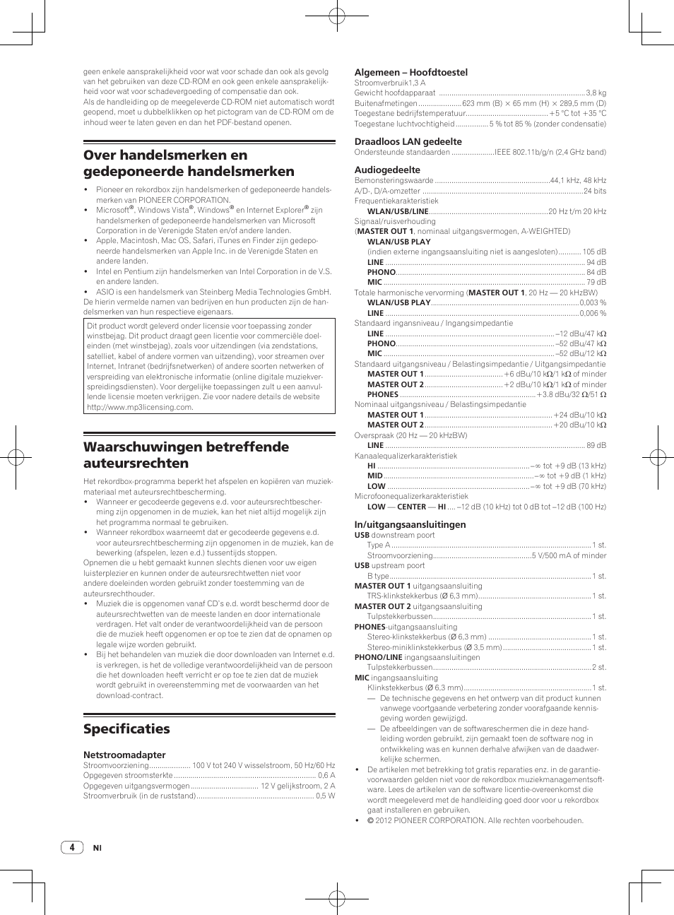 Over handelsmerken en gedeponeerde handelsmerken, Waarschuwingen betreffende auteursrechten, Specificaties | Pioneer XDJ-AERO User Manual | Page 20 / 36