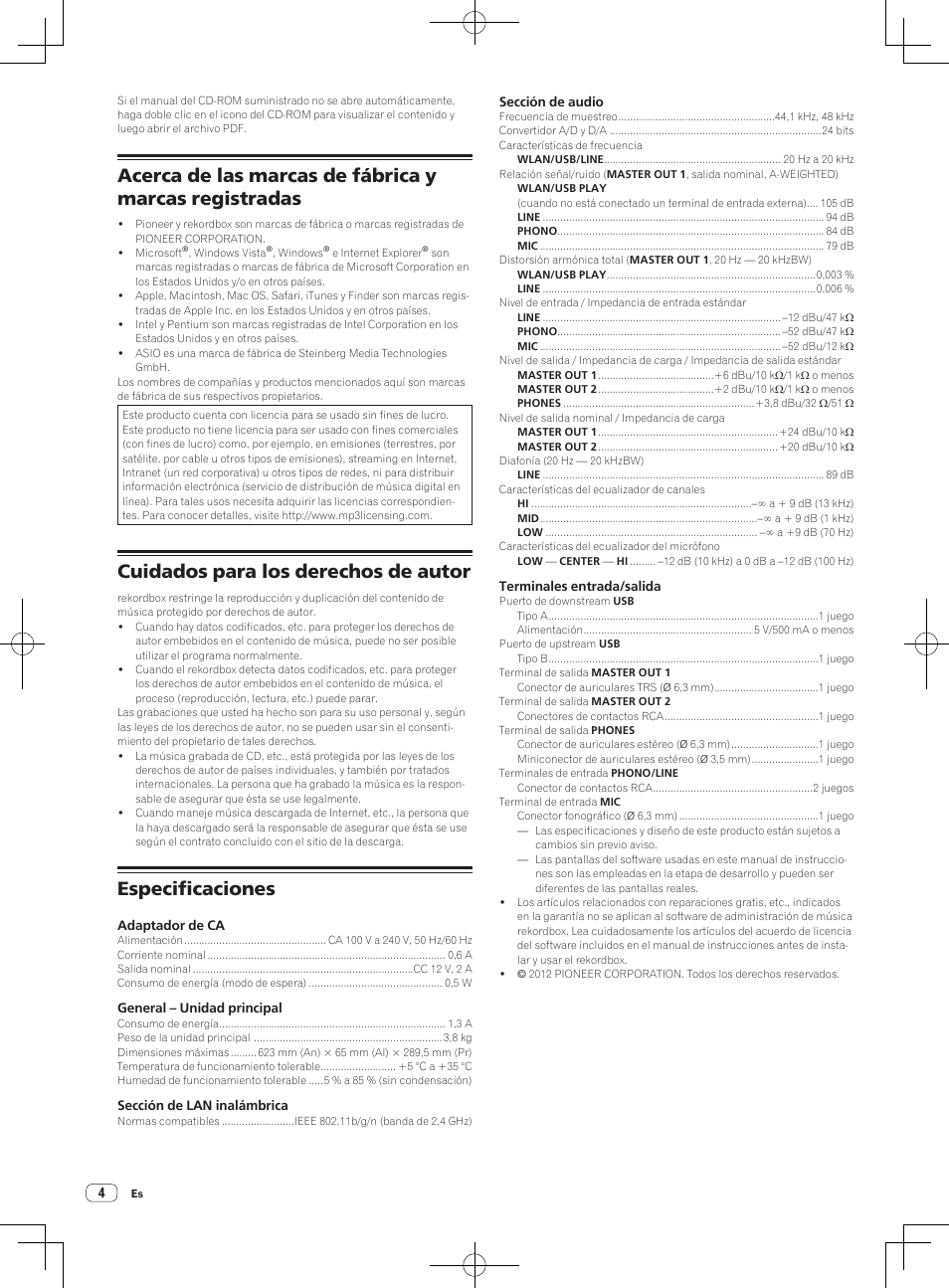 Cuidados para los derechos de autor, Especificaciones | Pioneer XDJ-AERO User Manual | Page 24 / 36
