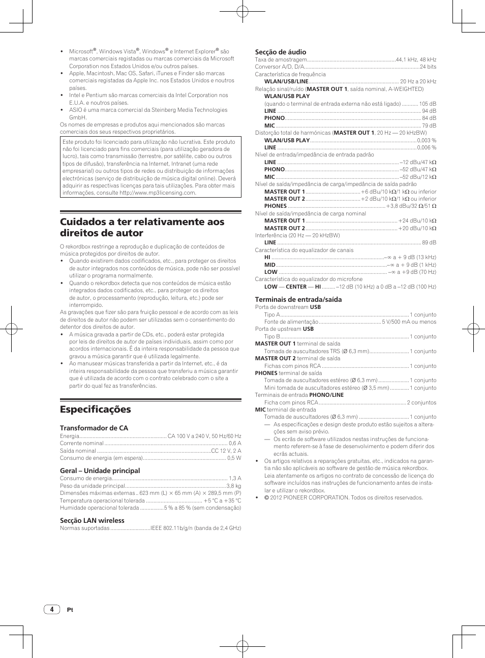 Cuidados a ter relativamente aos direitos de autor, Especificações | Pioneer XDJ-AERO User Manual | Page 28 / 36
