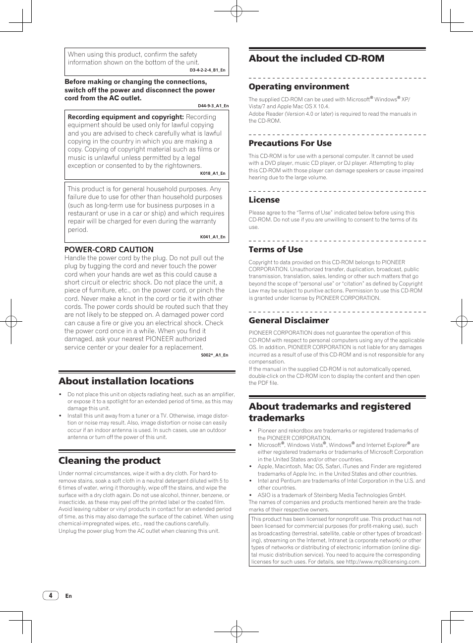 About installation locations, Cleaning the product, About the included cd-rom | About trademarks and registered trademarks, Power-cord caution, Operating environment, Precautions for use, License, Terms of use, General disclaimer | Pioneer XDJ-AERO User Manual | Page 4 / 36