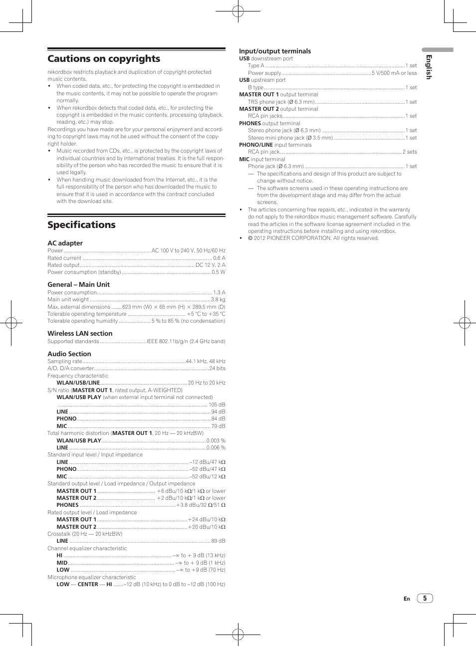 Cautions on copyrights, Specifications | Pioneer XDJ-AERO User Manual | Page 5 / 36