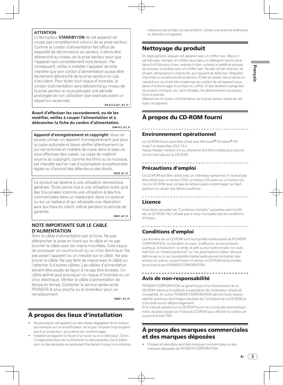 À propos des lieux d’installation, Nettoyage du produit, À propos du cd-rom fourni | Pioneer XDJ-AERO User Manual | Page 7 / 36