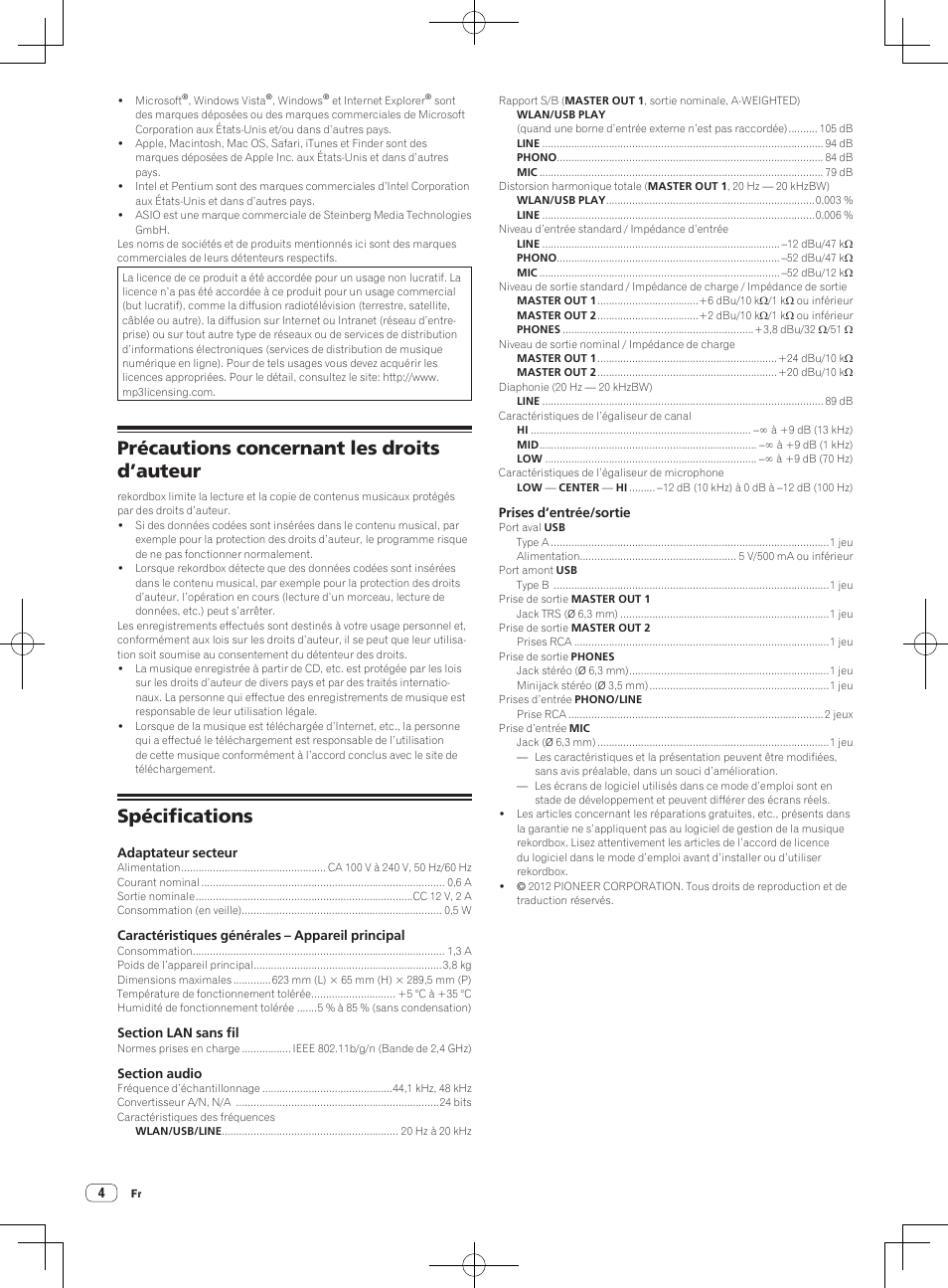 Précautions concernant les droits d’auteur, Spécifications | Pioneer XDJ-AERO User Manual | Page 8 / 36