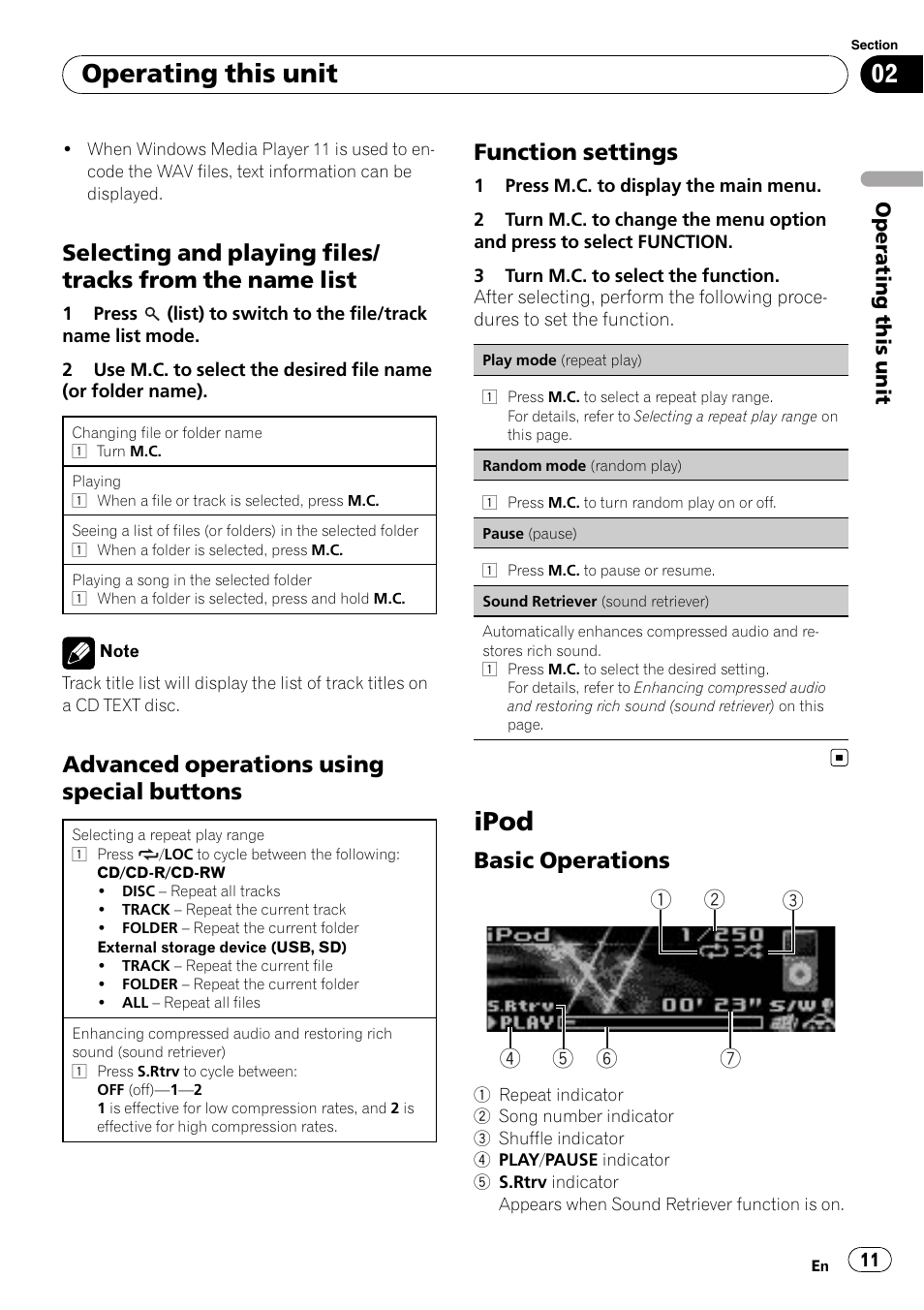 Selecting and playing files/tracks from, The name list, Advanced operations using special | Buttons, Function settings 11, Ipod, Basic operations 11, Operating this unit, Advanced operations using special buttons, Function settings | Pioneer DEH-5200SD User Manual | Page 11 / 27