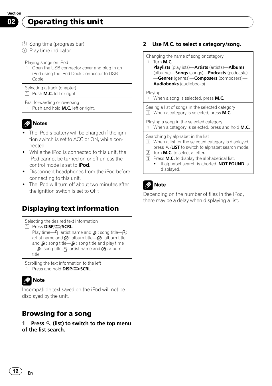Displaying text information 12, Browsing for a song 12, Operating this unit | Displaying text information, Browsing for a song | Pioneer DEH-5200SD User Manual | Page 12 / 27