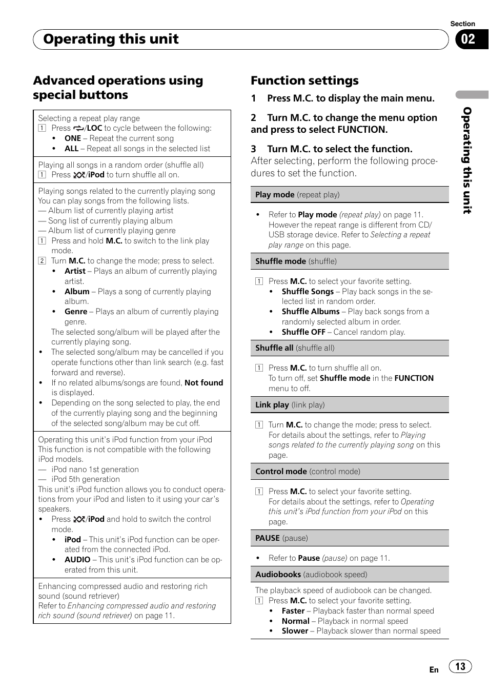 Advanced operations using special, Buttons, Function settings 13 | Operating this unit, Advanced operations using special buttons, Function settings | Pioneer DEH-5200SD User Manual | Page 13 / 27